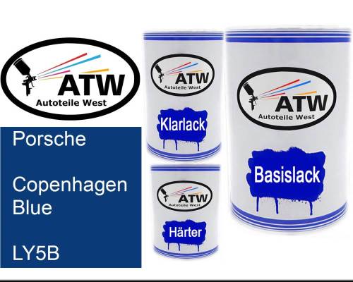 Porsche, Copenhagen Blue, LY5B: 500ml Lackdose + 500ml Klarlack + 250ml Härter - Set, von ATW Autoteile West.